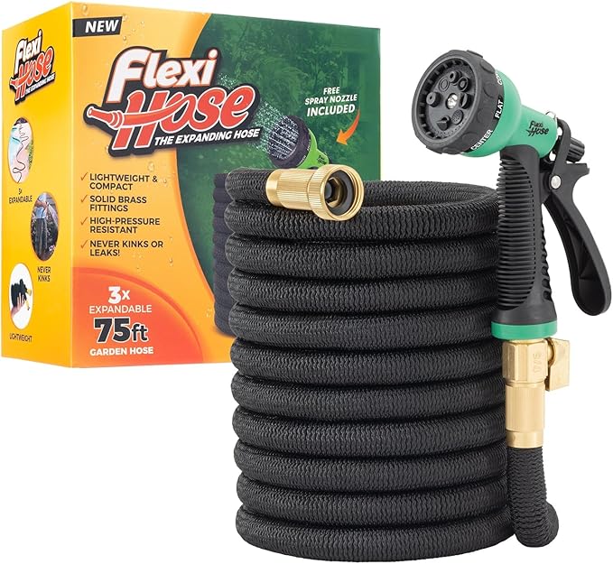 Flexi Hose Expandable Garden Hose with 8 Function Nozzle, 75FT - Lightweight Retractable Garden Hose, Water Hose - No-Kink Flexibility, 3/4 Inch Solid Brass Fittings and Double Latex Core