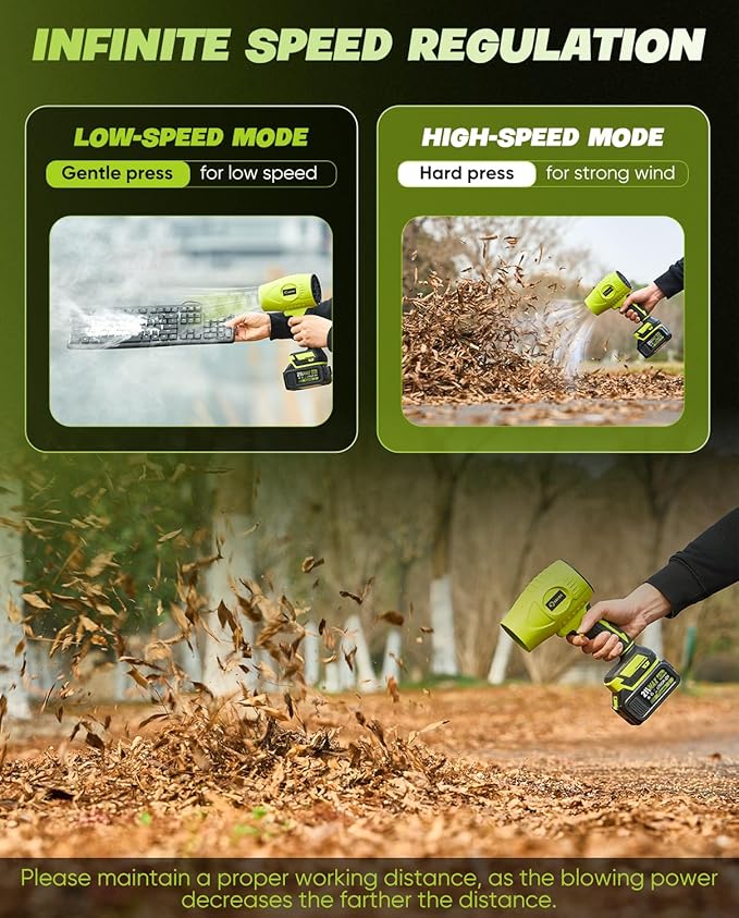 Saker Cordless Leaf Blower Portable Dust Cleaner Handheld Blowers 2 x 4.0Ah Batteries 180000 RPM Air Duster with Adjustable Speed for Drying Patio Cleaning Green