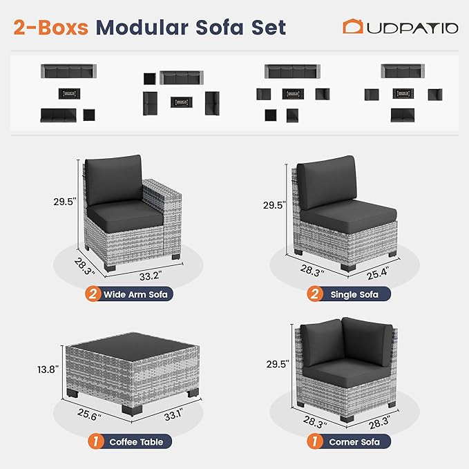 UDPATIO Patio Furniture Set, 8 Inch Armrest Patio Sectional Furniture, 6 Piece Wicker Outdoor Sectional Conversation Sets with Waterproof Cover and Coffee Table for Backyard Deck(Grey/Black)