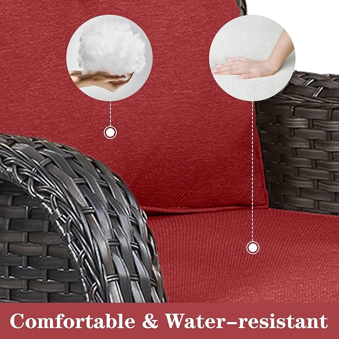 Belord Outdoor Swivel Rocker Patio Chairs - 360 Degree Swivel Glider Seating Wicker Rocking Chairs Set of 2 with High Back Deep Seat for Porch Balcony Deck, Brown/Red