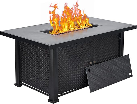 52 Inch Outdoor Propane Fire Pit Table, 50000 BTU Rectangular Gas Firepit with Rain Cover & Double Door Storage, CSA Certified Patio Fire Table for Backyard, Garden