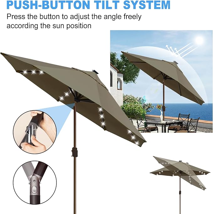 Eurmax USA 10-Year-Non-Fading 10Ft Solar Market Umbrella Outdoor Patio Umbrella Table Umbrella with LED Lights,8 Ribs,Hand Crank and Ventilation (Taupe)