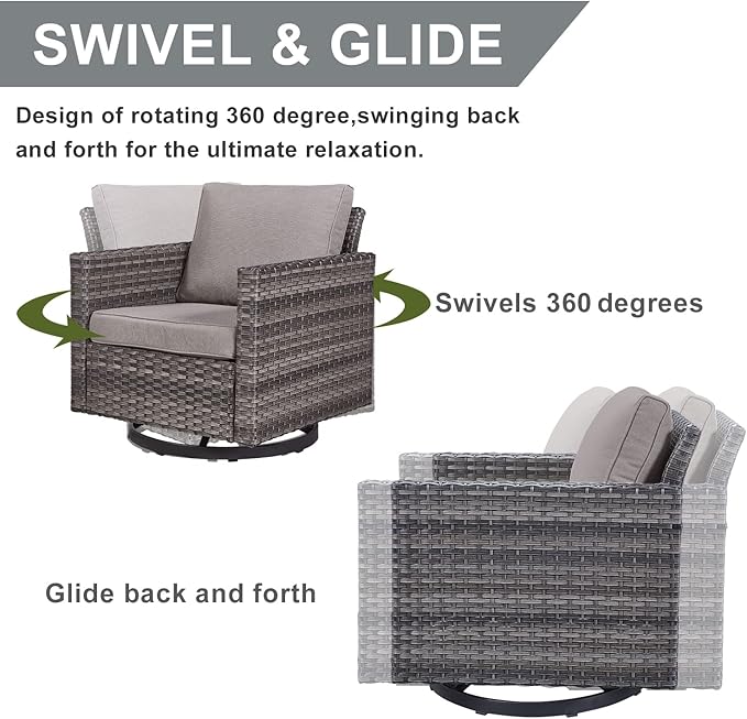 HUMMUH 7 Piece Patio Furniture with Fire Pit 30in 55,000 BTU,PE Wicker Outdoor Conversation Sets - Couch,Patio Swivel Chairs and Ottomans,Side Table for Porch,Garden,Backyard