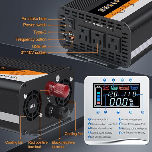 500W Pure Sine Wave Inverter, 12V/24V Auto-Detect, 50Hz/60Hz Switchable, LCD Display, Type-C Fast Charging, Silent Design, Overload & Overheat Protection for RV, Home