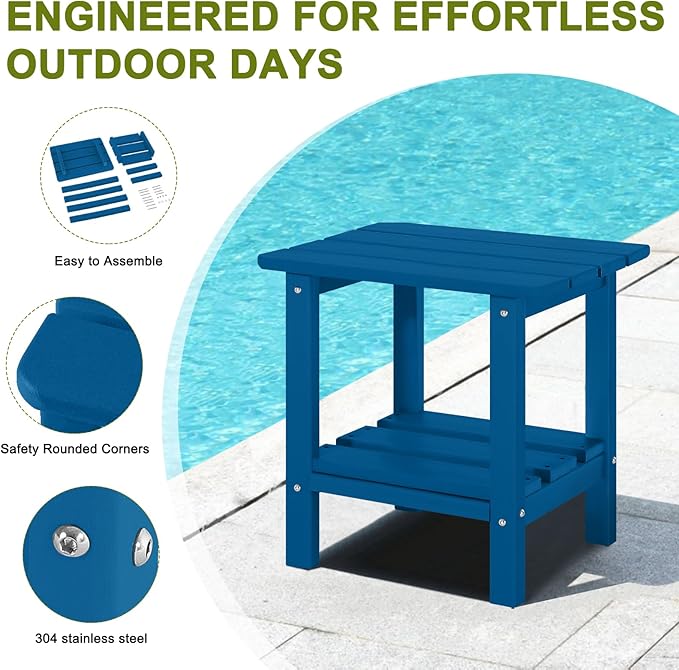ABCPATIO Adirondack Outdoor Side Table, 2-Tier Small Patio End Table, Weather Resistant HDPE Outdoor End Tables for Garden, Lawn, Pool, Beach, Porch, Deck, Backyard - Square, Dark Blue