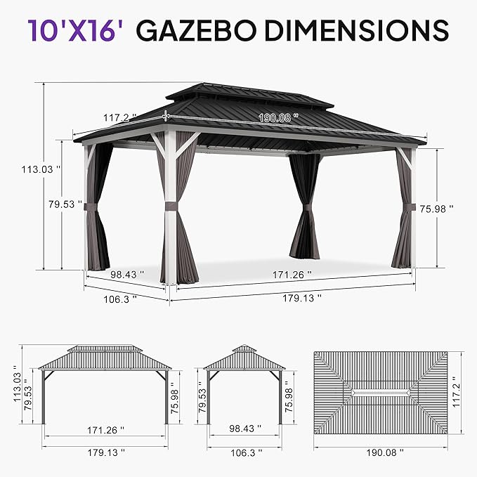 PURPLE LEAF 10' X 16' Hardtop Gazebo Metal Double Roof White Aluminum Frame Outdoor Heavy Duty Gazebo with Curtain and Netting for Patio Garden and Backyard, Grey
