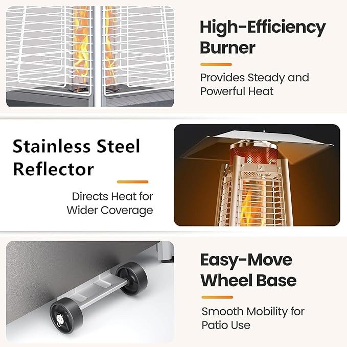 GLANC 48,000 BTU Pyramid Patio Heater with Cover & Wheels, Patio Heaters for Outdoor Use, 87" Quartz Glass Tube Outdoor Propane Heater for Deck Lawn Commercial, Triple Safety Protection
