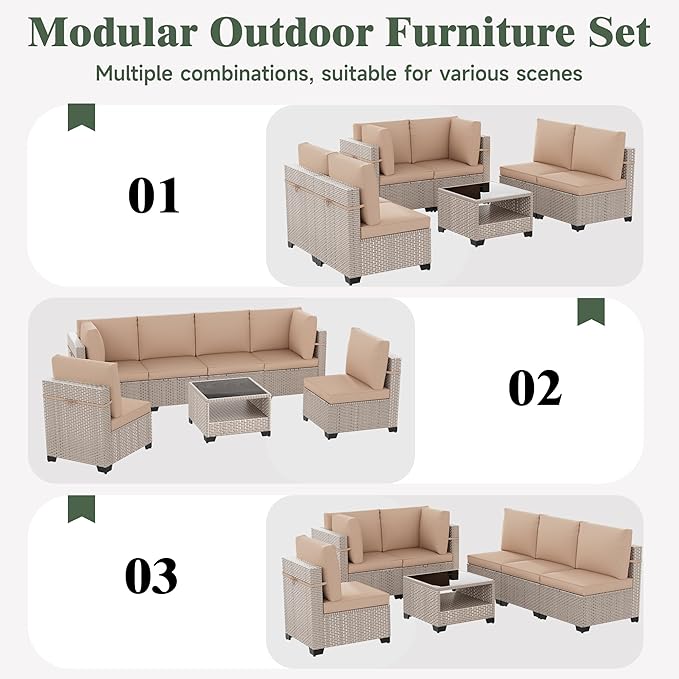 14 Pieces Patio Furniture Set, Outdoor Sectional Wicker Sofa with Thick Cushions and Storage Coffee Table, Rattan Patio Conversation Sets for Deck Yard Poolside, Khaki