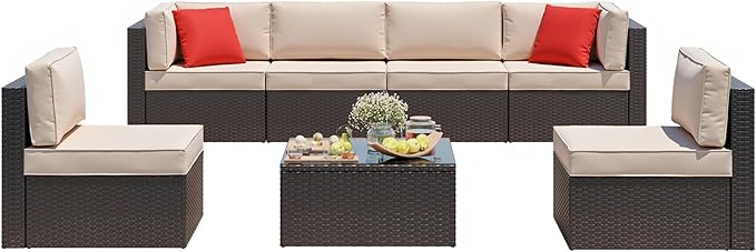 Shintenchi 7 Pieces Patio Furniture Sets Outdoor All-Weather Sectional Patio Sofa Set PE Rattan Manual Weaving Wicker Patio Conversation Set with Glass Table&Ottoman Cushion and Red Pillows, Beige