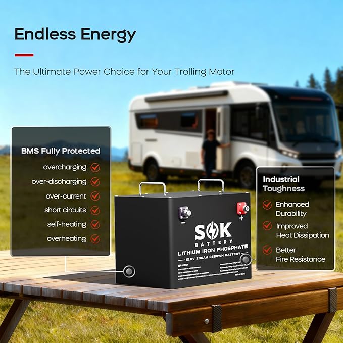 SOK Battery 280Ah 12V 2-Pack LiFePO4 Lithium Iron Phosphate Deep Cycle Battery, perfect for your RV or any off-grid application, low temperature disconnect, built-in heater.