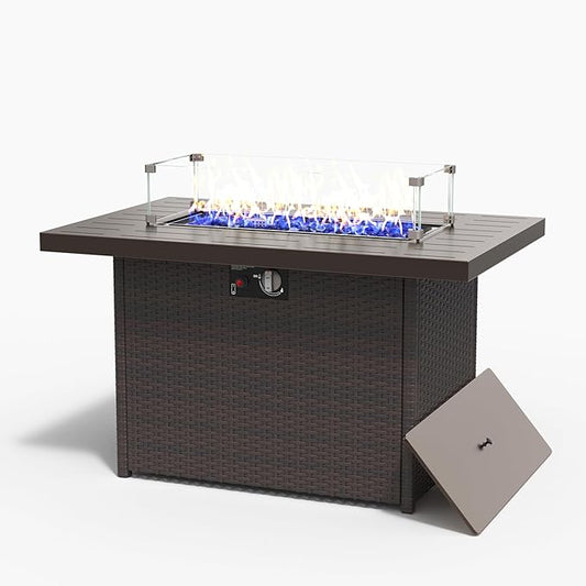Rectangular Fire Pit Table, 44 inch Propane Gas Fire Pit with Glass Rocks, Wind Guard Glass Shield, Waterproof Cover for Outside Patio Backyard Deck Balcony