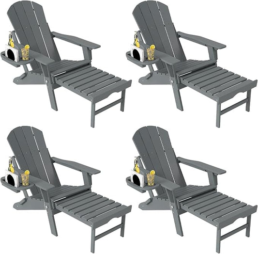 Adjustable Adirondack Chair with Retractable Ottoman Set of 4, HDPE Folding Adirondack Chair with Cup Holder, All Weather Fire Pit Chair for Outdoor.