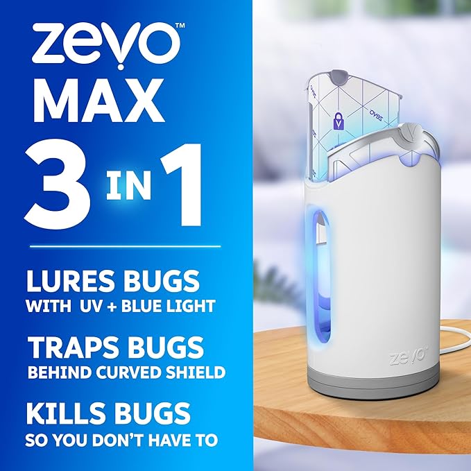 Zevo MAX Bug Catcher & Fly Trap for Indoors - Flying Insect Trap for Gnats, House & Fruit Flies - Use in Any Room - No-Mess Disposal (2 Plug in Bases & 4 Cartridges)