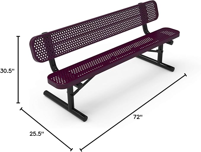 COATEDOUTDOORFURNITURE Coated Outdoor Furniture Heavy-Duty Portable Outdoor Bench Thermoplastic Coated, Punched Steel, Commercial-Grade Seating, Made in America (Portable with Back, 6 Ft, Purple)