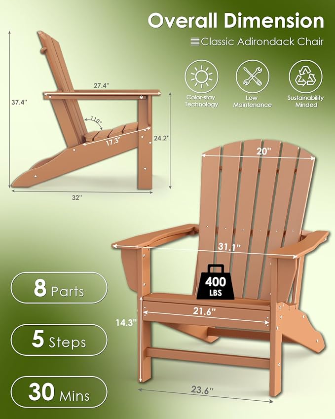 GREENVINES Adirondack Chairs Set of 4 | HDPE Plastic | All Weather | Oversized Fire Pit Chair | Teak | Poly Lumber | for Outdoor Deck Backyard Patio Garden