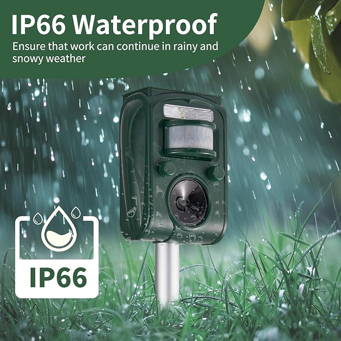 CIIC Upgraded Solar Ultrasonic Animal Repellent Devices Motion Detection 5 Adjustable Modes, Deer Cat Squirrel Raccoon Rabbit Dog Repellent Deterrent with LED Waterproof Flash Lights for Yard, Farm