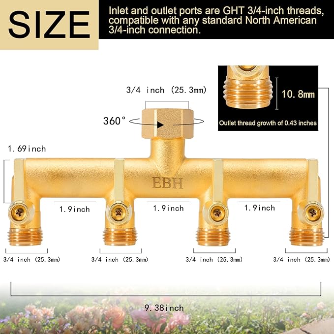 EBH Brass Garden Hose Splitter, 4-Way Heavy Duty Hose Splitter, Outdoor Faucet Manifold, with Extended Metal Handle and Individual On/Off Valve Spout, 3/4” GHT Threads