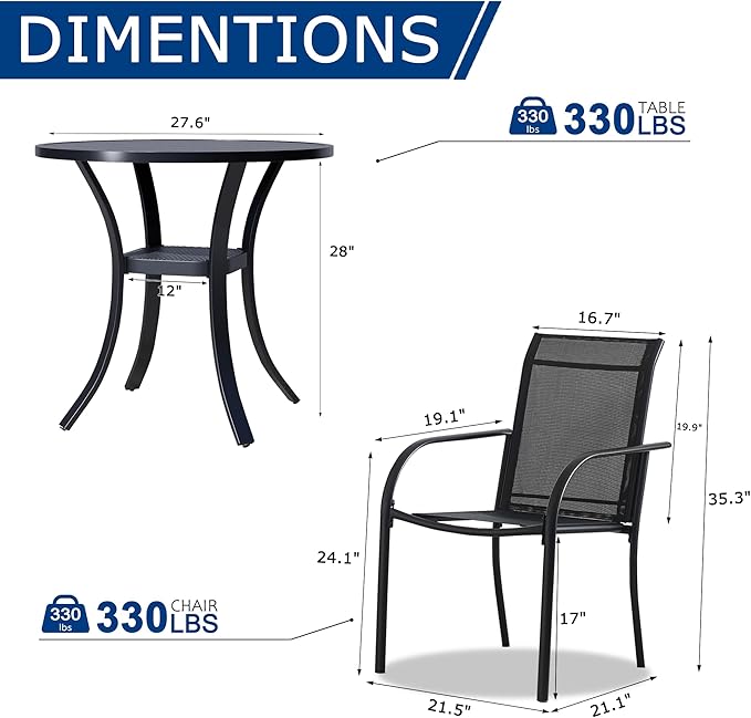 3 Piece Outdoor Dining Set, Patio Table and Chairs Set of 2, 27.6" Black Round Patio Table with 2 Black Stackable Patio Chairs for Lawn, Garden, Porch