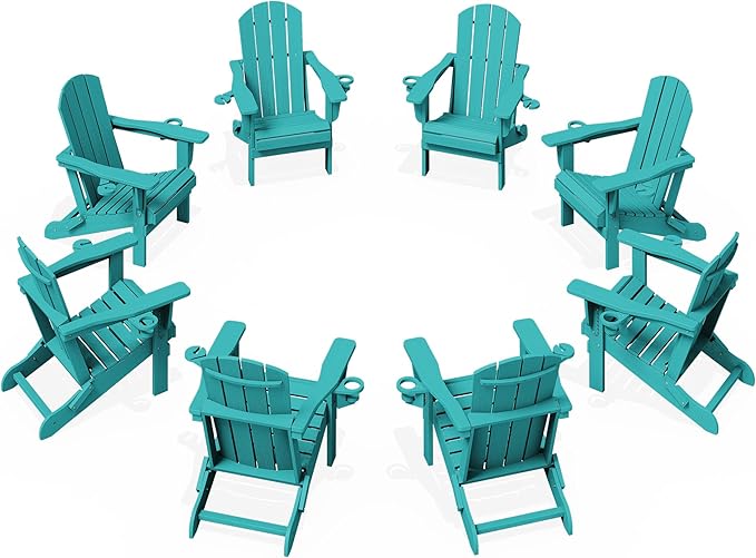 KINGYES Folding Adirondack Chair Set of 8, Dual Cup Holders & All-Weather HDPE, Wood-Like Patio Chair for Backyard, Camping, Pool & Fire Pit, Aruba