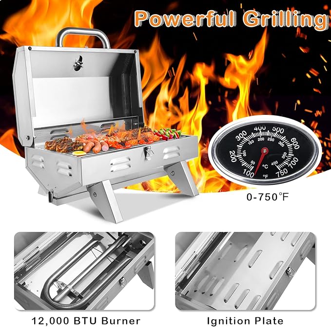 ROVSUN 12000BTU Portable Gas Grill, Outdoor Tabletop Propane Grill with Built-in Thermometer, Press Ignition & Full Stainless Steel Body for Patio Garden Backyard Camping BBQ Picnic
