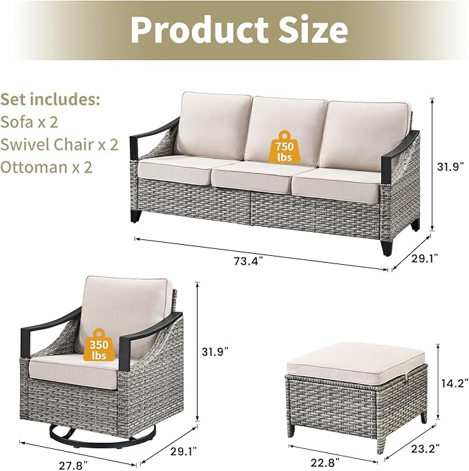 6 Pieces Patio Furniture Sets - All Weather Outdoor Swivel Rocker Patio Chairs with 3-Seat Sofa and Multifunctional Ottomans, Outdoor Conversation Set for Garden Porch Balcony Deck Gray/Beige