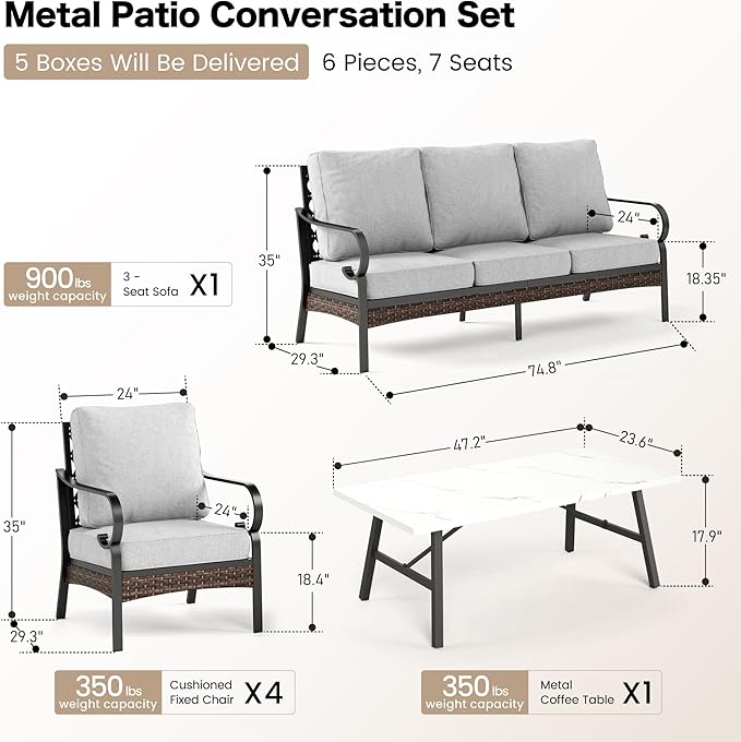 4 Piece Metal Outdoor Patio Furniture Set, Patio Conversation Sets 1 3-seater Sofa, 2 Chairs with 5.75" Extra Thick Cushion and Coffee Table, Black Frame Backyard Furniture, Light Gray
