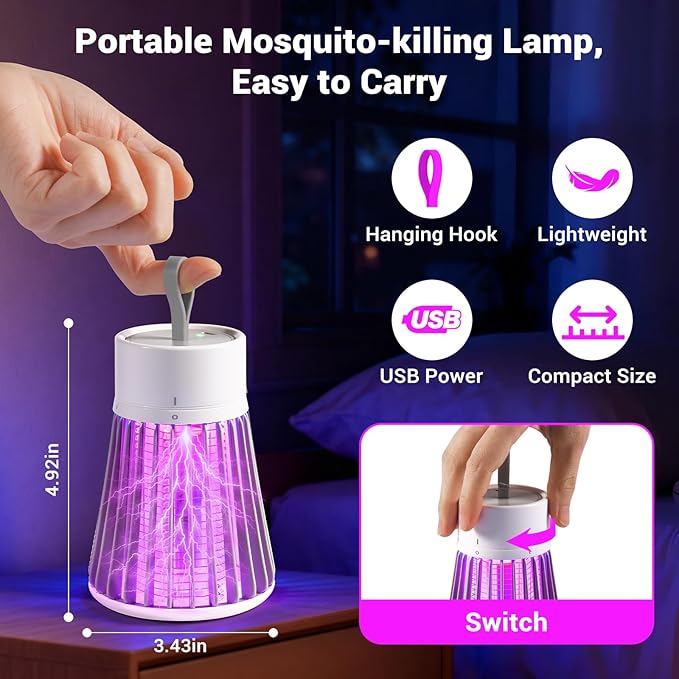 Bug Zapper Indoor, Portable Mosquito Zappers Killer, USB Power & Rechargeable Electric Fly Swatter Zapper, Mosquito Repellent Outdoor Patio, Flying Trap for Home Camping, Lightweight, Satety Gird
