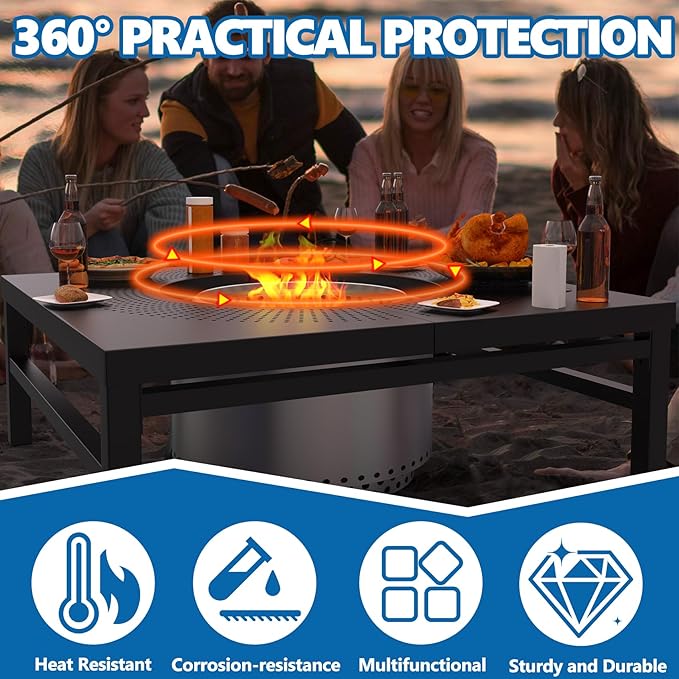 SafBbcue Fire Pit Surround Table for Solo Stove Bonfire/Ranger Accessories, 38" Fire Pit Table for Smokeless Patio Fire Pit, Firepit Surround Tabletop for Solo Stove Bonfire with Waterproof Cover