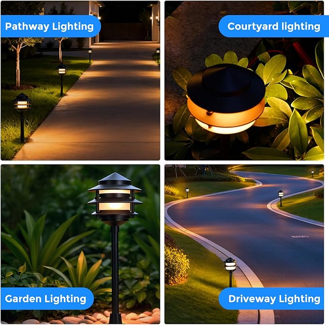 Gardencoin Pagoda Low Voltage Landscape Pathway Lights, 12V Outdoor LED Path Lights Wired, Aluminum Walkway Lighting with 4W 2700K Replaceable G4 Bulb, Classic 3-Tier Lantern, 12 Pack
