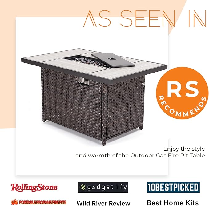 Grand Patio Outdoor 43-Inch CSA Safety Approved Gas Fire Pit Table 60,000 BTU Rectangle Propane Fire Pit with Ceramic Tile Top and Wicker Base