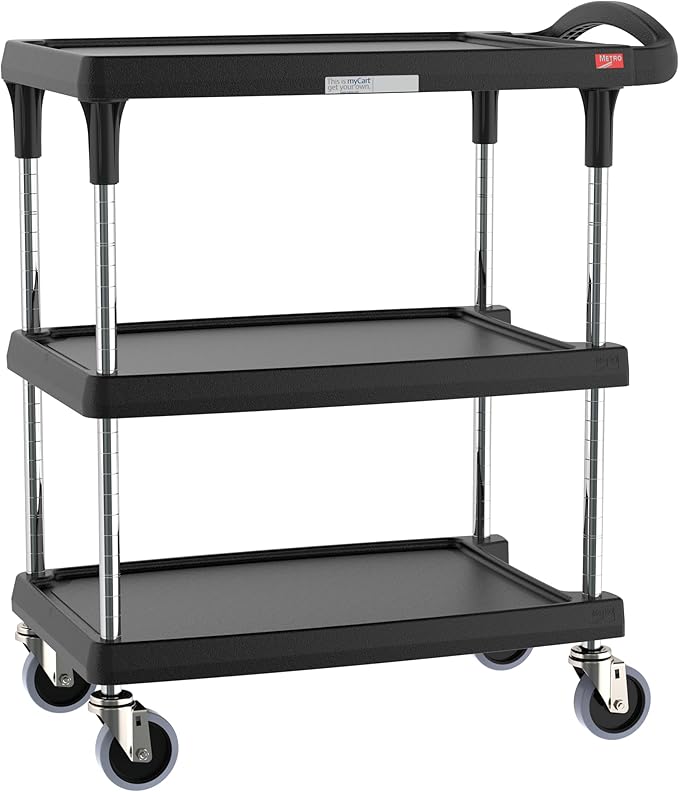 Metro myCart Plus Utility Cart - Choose-Your-Height Adjustable Heavy Duty Rolling Cart for Home, Commercial and Industrial Use - 3-Shelf, 400 lbs Capacity - 18.3" W x 31.5" L x 35.5-39.5" H - Black