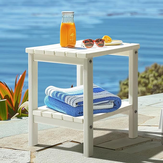 PASAMIC 2-Tier Adirondack Square Outdoor Side Table, HDPE Small Outdoor Table, Patio End Table for Patio, Pool, Backyard, Weather-Resistant (White)