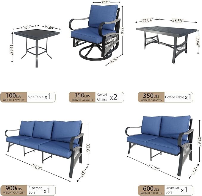 6 Pieces Modern Patio Furniture Set, All Weather Metal Outdoor Conversation Sets with 5.1" Extra Thick Cushion for Backyard Garden Deck Porch Poolside, Blue