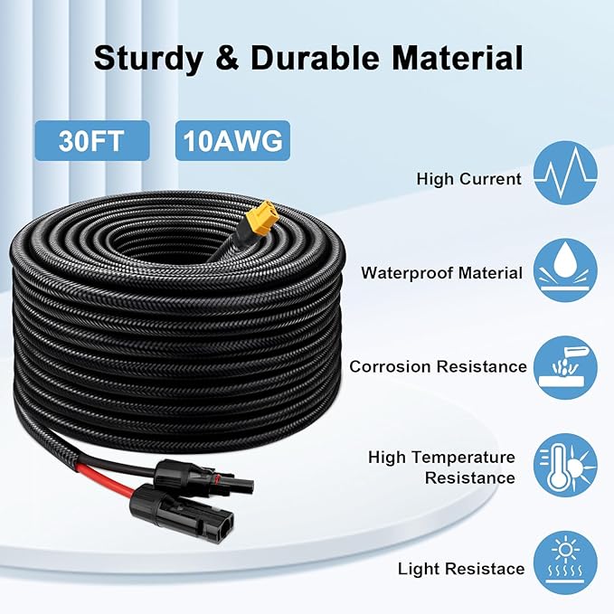 MOOKEERF Solar to XT60 Cable 10AWG 30FT Solar Connector to XT60 Adapter Cable for Solar Panel to Battery RV Portable Power Station Solar Generator - 30 Foot