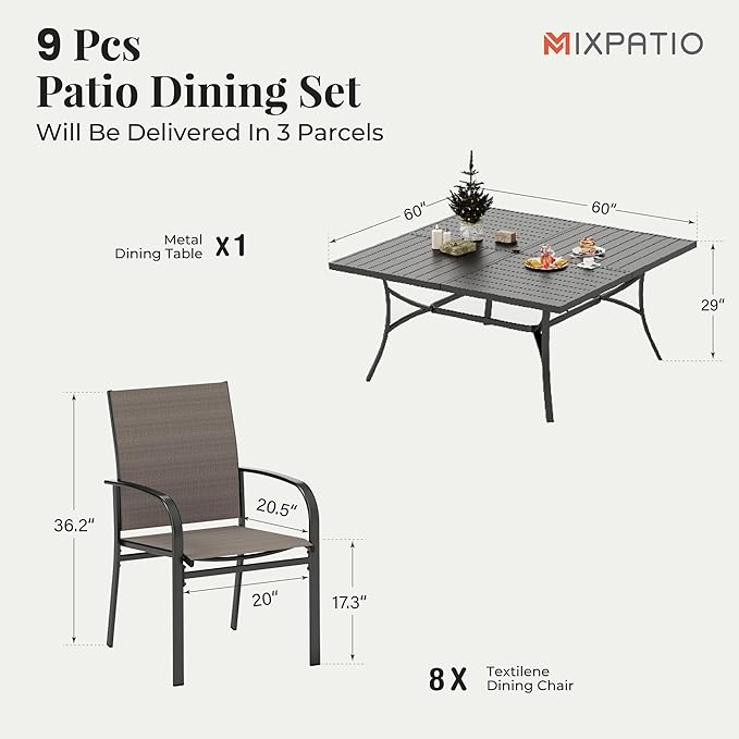 9 Pieces Patio Table and Chairs Set, Patio Dining Set for 8, 8 Brown Textilene Chairs and 1 Large Square Patio Dining Table with Umbrella Hole, for Deck Backyard Lawn Poolside