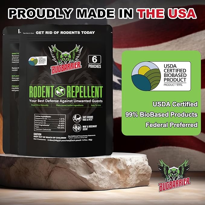 Extra-Strength Mouse Repellent Deterrent Pouches, USDA 99% Biobased, Peppermint & Rosemary Oils Repel Mice Nesting in Car, RV, Boat, Garage, Shed, Cabin Made in The USA (12 Pack)