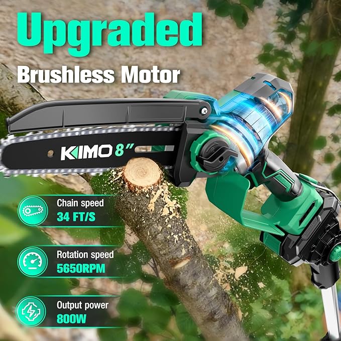 KIMO 2-IN-1 Electric Pole Saws for Tree Trimming, 8" Mini Chainsaw Cordless, 16FT Max Reach Extension Pole, 2×4.0Ah Batteries,Fast Charger, Brushless Pole Chain Saw for Tree Trimmer Limb Branch Cutter