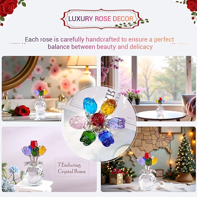 Crystal Colorful Roses Collectible Figurine,Valentines Gifts for Women Mom Girlfriend Wife Bouquet Figurines Artificial Glass Crysta Flowers, Mother's Day Birthday