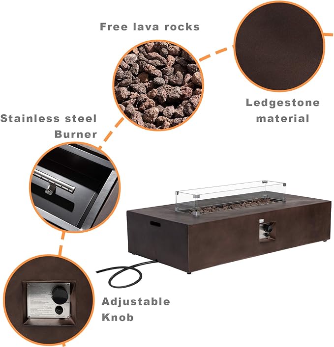 COSIEST Outdoor Propane Fire Pit Table 56" x 28" Rectangle Bronze Compact Concrete-Like Finish, Certified, 50,000 BTU,Wind Guard, Tank Outside, Free Lava Rocks, Fits 20lb Tank Outside, Raincover