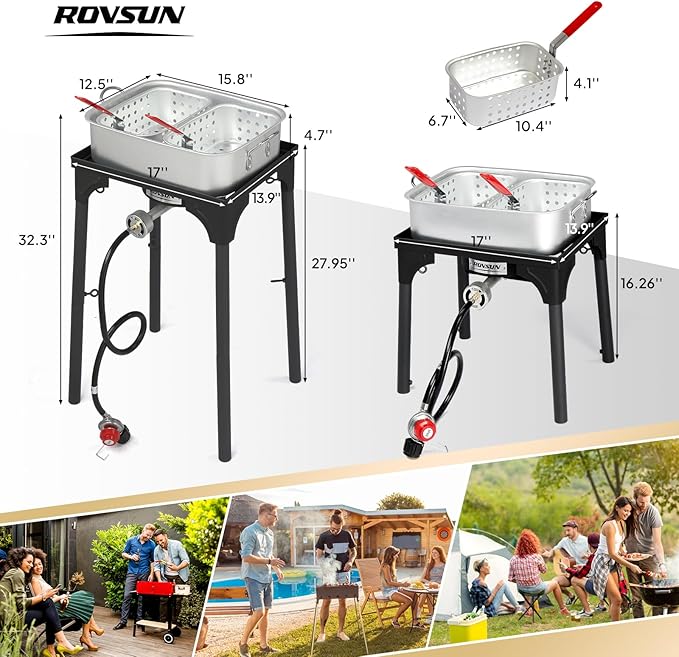ROVSUN 58,000 BTU Propane Fryer Set with Heightened Gas Stove, 18 QT Aluminum Deep Fryer Pot, 2 Baskets & Thermometer for Outdoor Backyard Frying Fish, Chicken Wings, French Fries & More