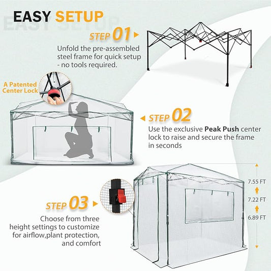 EAGLE PEAK Instant Pop-up Greenhouse, Indoor Outdoor Plant Gardening Green House, Roll-Up Zipper Doors and Side Windows, Walk in 8x6 ft, White/Clear
