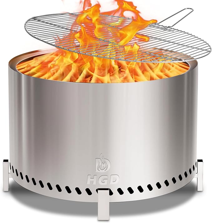 HGD 27.8" Smokeless Fire Pit Stove with Stand & Grill Rack, Large Stainless Steel Wood Burning Firepit for Outdoor Backyard Patio Garden BBQ Party