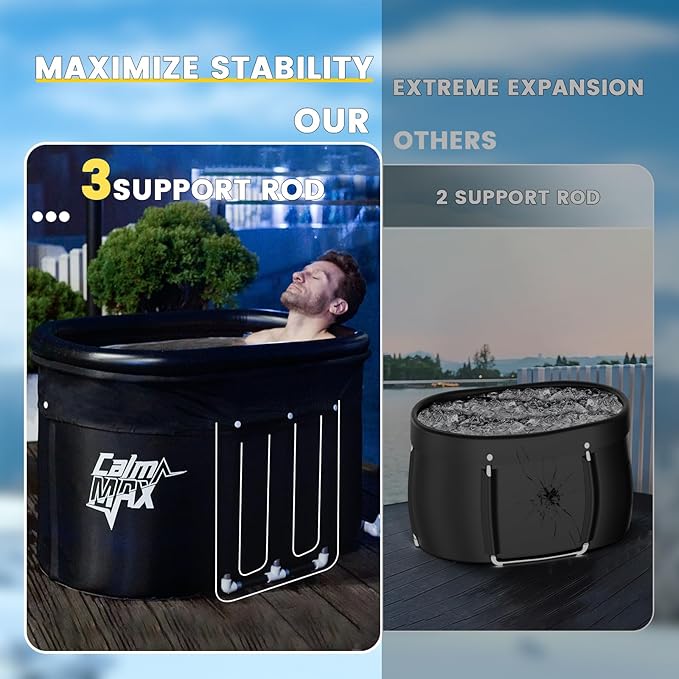 CalmMax Oval Ice Bath 2.0 with Inflatable Neck Rest Ring for Athletes XL Portable Cold Plunge Tub for Cold Water Therapy Ice Baths at Home - 140 Gal Capacity（IB003, Black