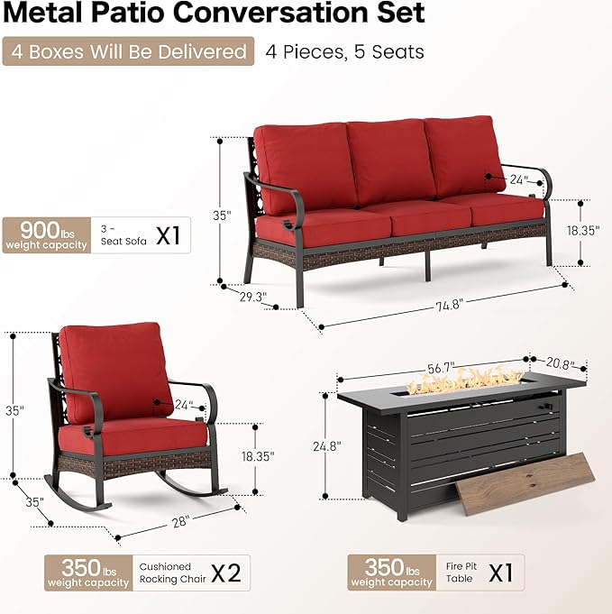 4 Piece Metal Outdoor Patio Furniture Sets with Firepit Table, Patio Conversation Sets 1 3-Seater Sofa, 2 Rocking Sofa with 5.75" Thick Cushion Backyard Furniture for Deck, Rust Red