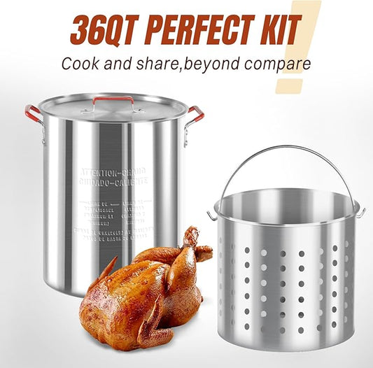 36QT Turkey Fryer Kit, Waterproof Cover & 12-inch Skimmer, 55,000BTU Propane Burner Stove, Aluminum Turkey Fryer Pot, Outdoor Deep Fryer, Crawfish Boiler with Basket