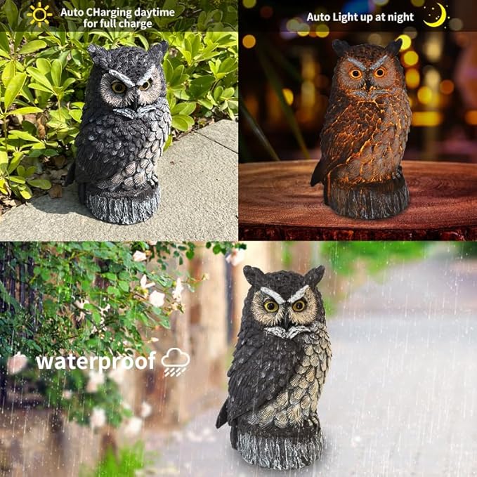VV-Ladybug Solar Powered Owl Garden Statue Outdoor Decoration with Solar Lights Sculpture for Porch Patio Lawn and Yard Decoration Christmas Housewarming Gift for Mom