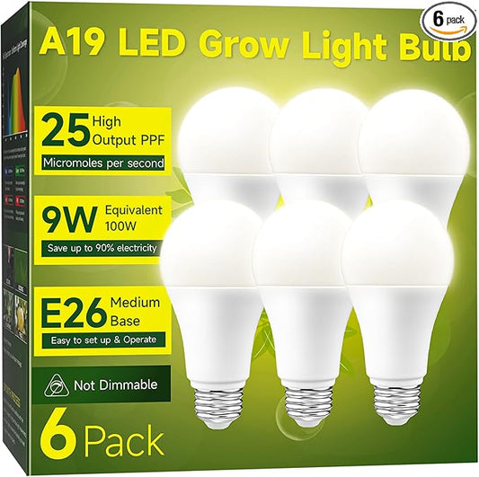 Full Spectrum A19 Grow Light Bulb, E26 Base, 9W (100W Equivalent) for Indoor Plants, Greenhouse - 6 Pack
