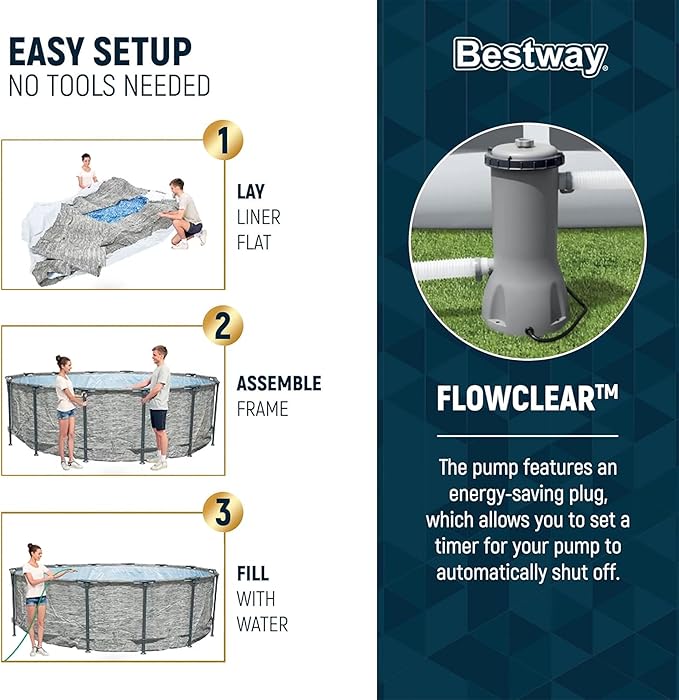 Bestway Steel Pro MAX 14' x 48" Above Ground Pool, Round Metal Frame Outdoor Swimming Pool Set with Filter Pump, Ladder, and Cover, Gray Stone Print