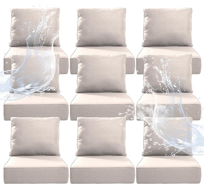 6" Thicker Outdoor Chair Cushion 9 Sets - 24" *24" *6" Waterproof Patio Furniture Cushions with Removable Cover, 28D High Density Sponge Filling Thicken Outdoor Patio Cushions - Beige