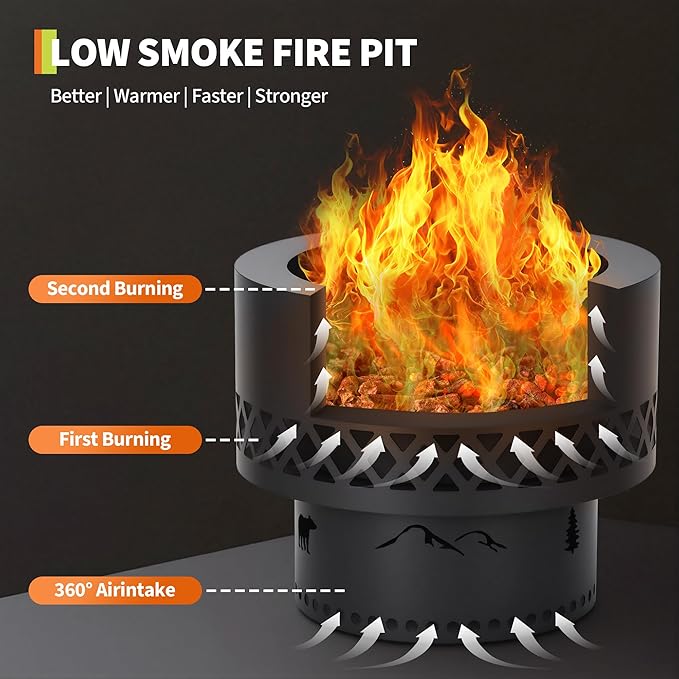 19 Inch Smokeless Fire Pit, Wood Burning Outdoor Fireplace with Removable Ash Pan & Dust Bag - Ideal for Patio BBQ, Bonfire, Camping